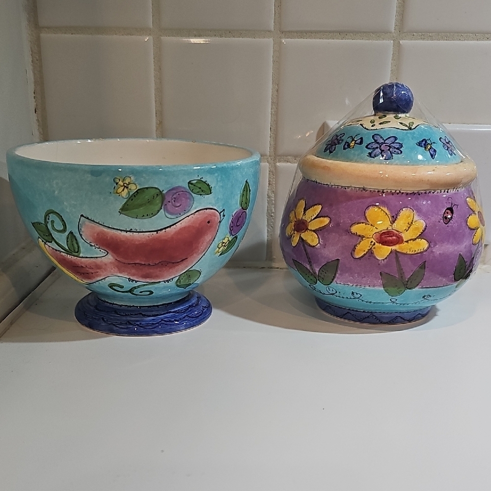 Sango Sue Zipton "Birds & Bees" Lidded Sugar Bowl & Pedestal Bowl Set